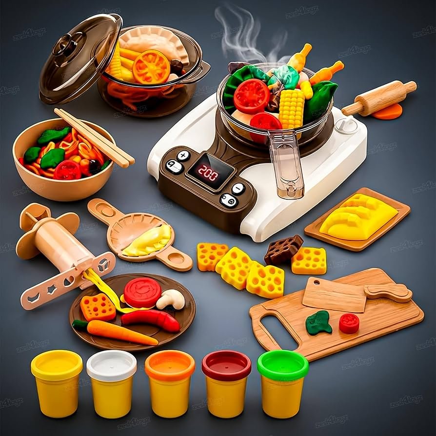 Kids Pretend Play Clay Cooking Set with Music & Light – Induction Cooker Kitchen Toy with 5 Color Dough, Cooking Accessories & Food Molds